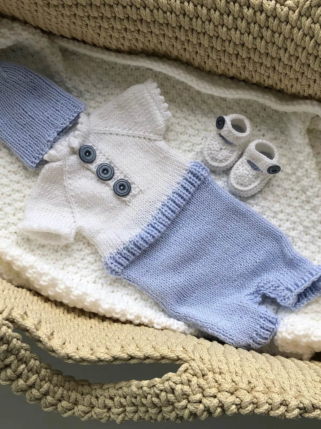 Hand made outfit for baby boy. Knit overall, hat and shoes. Blue and white clothing set for baby boy.