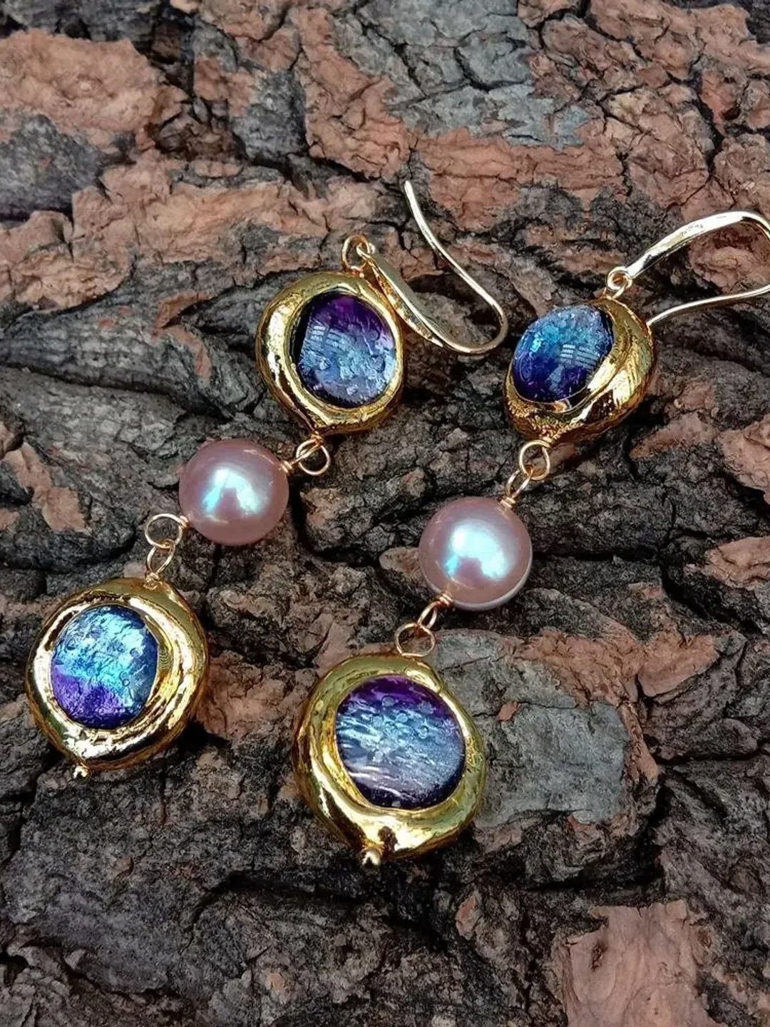 Glass Dangle Earrings with Pearls, Gold Glass Dangle Earrings, Glass Earrings, Gold Pearl Dangle Earrings, Gold Dangle Earrings, Bohemian