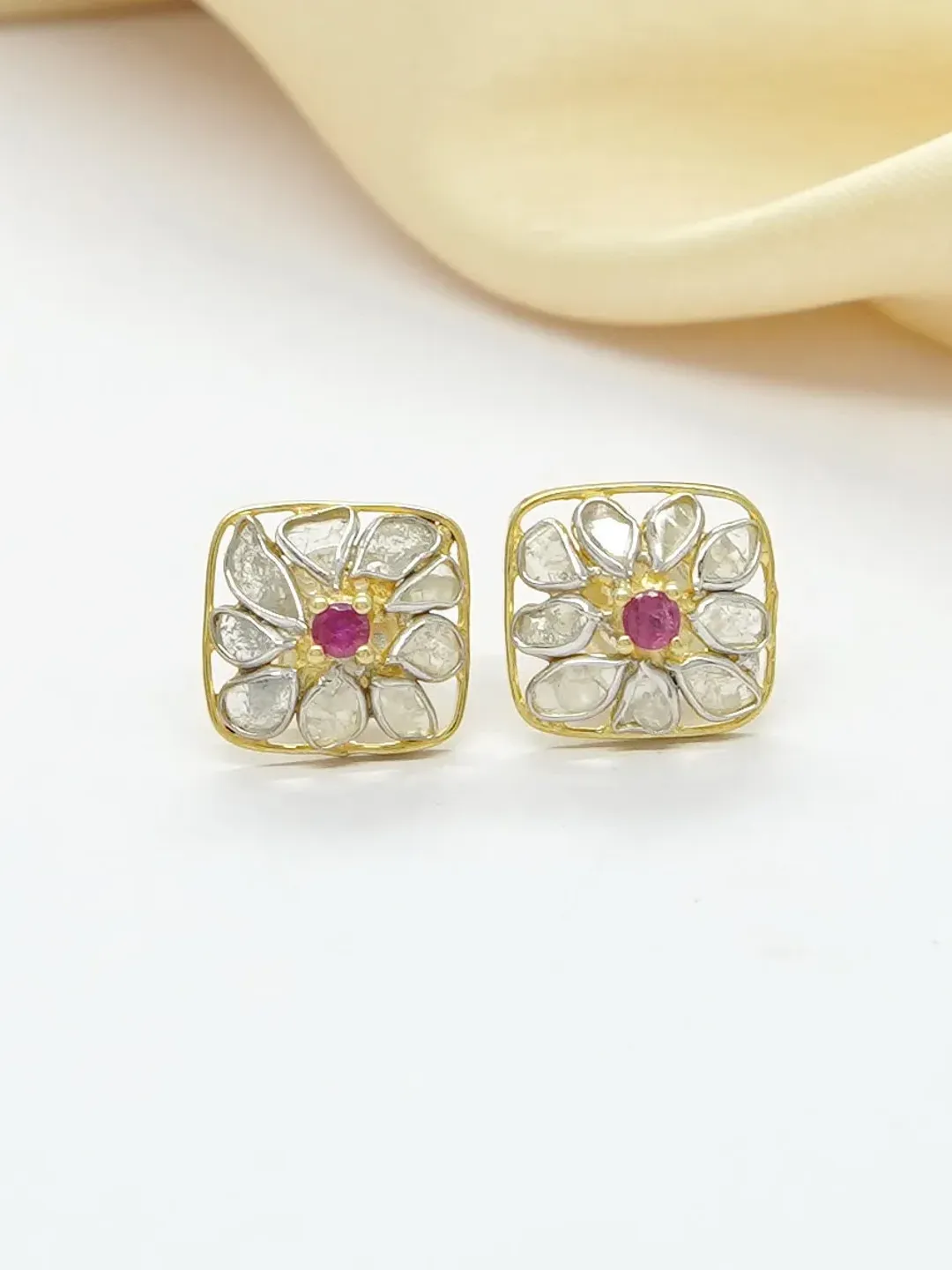 Natural Ruby Studs, Polki Diamond Studs, Minimalist Studs, Polki Earrings, Diamond Earrings, 925 Sterling Silver Studs, Wedding Gift