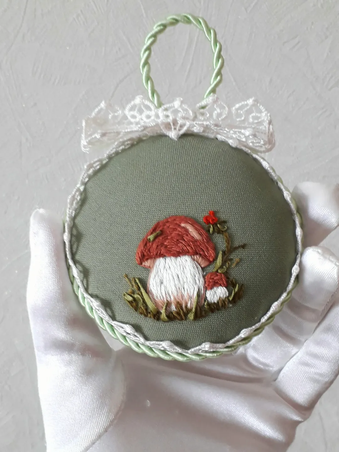 Green pincushion pillow ribbon embroidery, needle case with embroidered mushroom , embroidered pin accessory