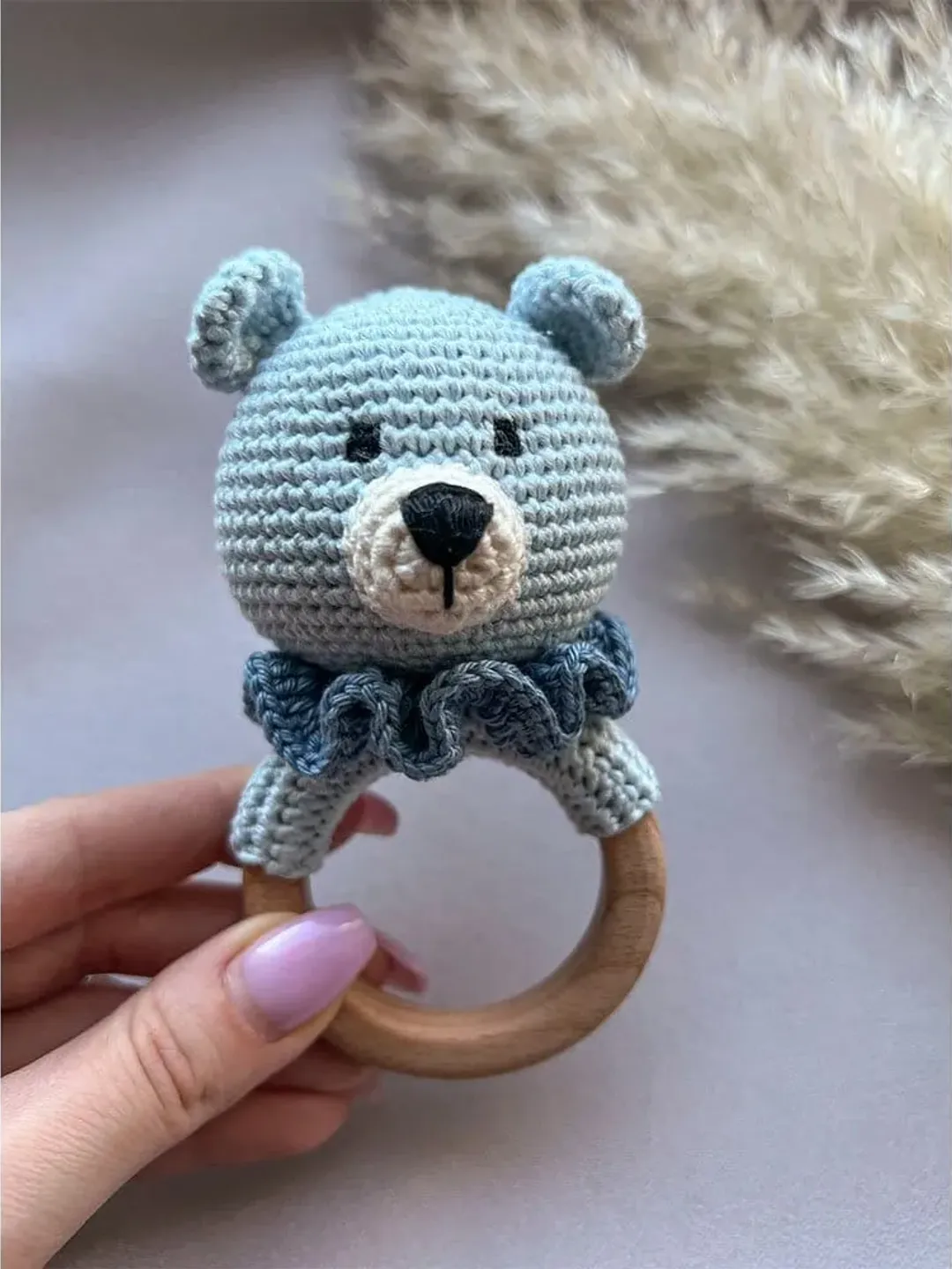 Bear crochet rattle for baby,wooden crochet toy,newborn baby rattles with grip ring,first birthday gifts,baby shower gift,stuffed animal toy
