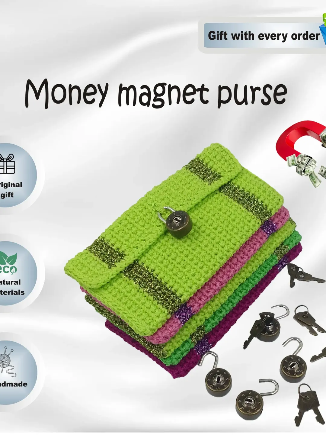 1 Hand knitted purse to attract money, from natural yarn