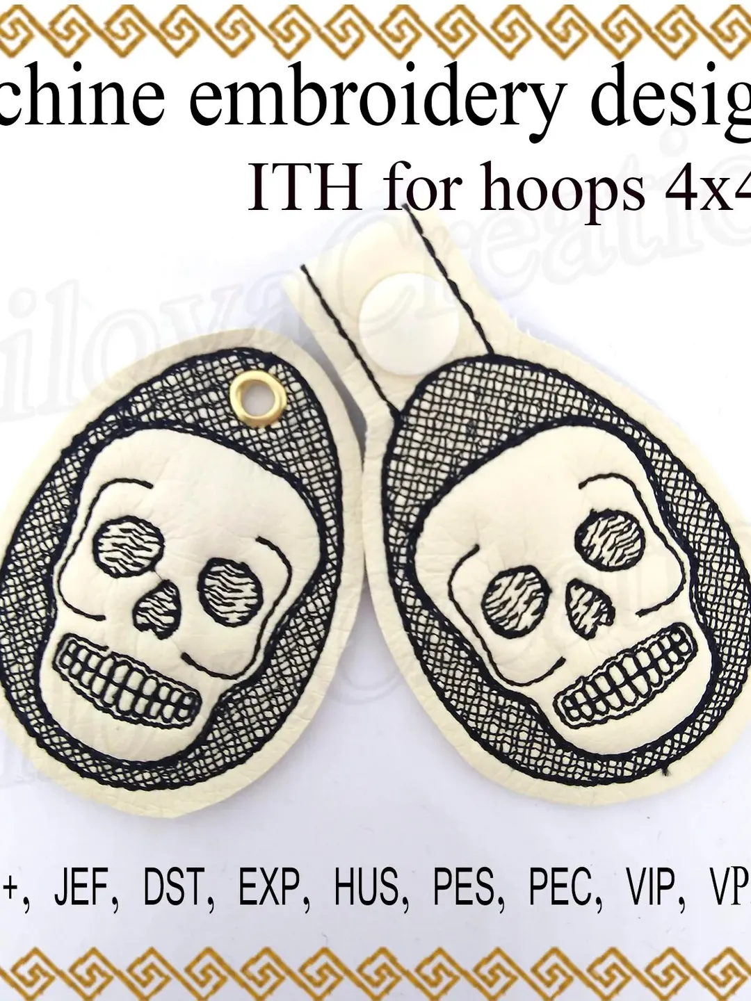 Key fob embroidery designs Snap tab key fob Skull In the hoop Instant Download Keychain ITH Emb file for machine Pes Dst 4x4 Digital design