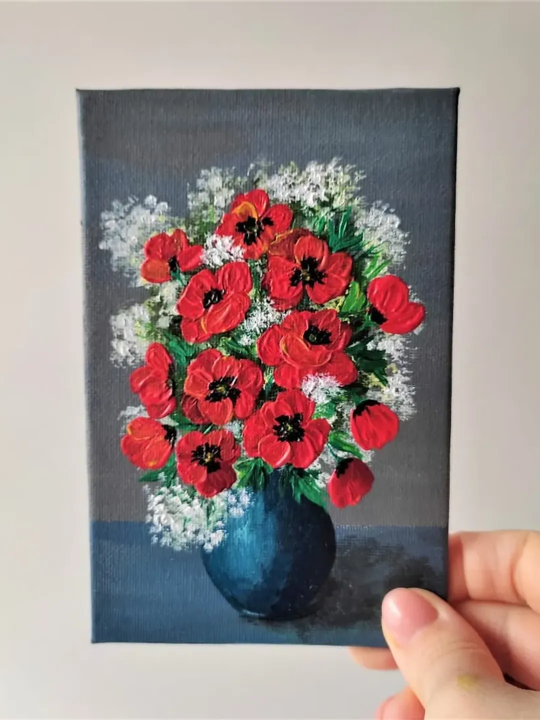 Poppy painting, Flowers impasto painting, Bouquet of poppies small wall art decor, Floral original artwork