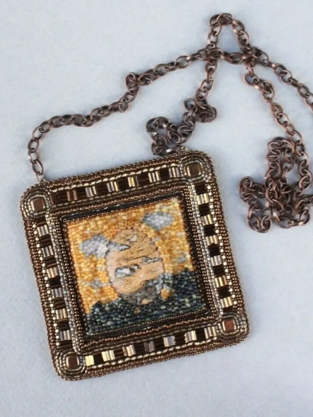 Embroidered Jasper necklace beaded pendant landscape necklace van gogh painting necklace