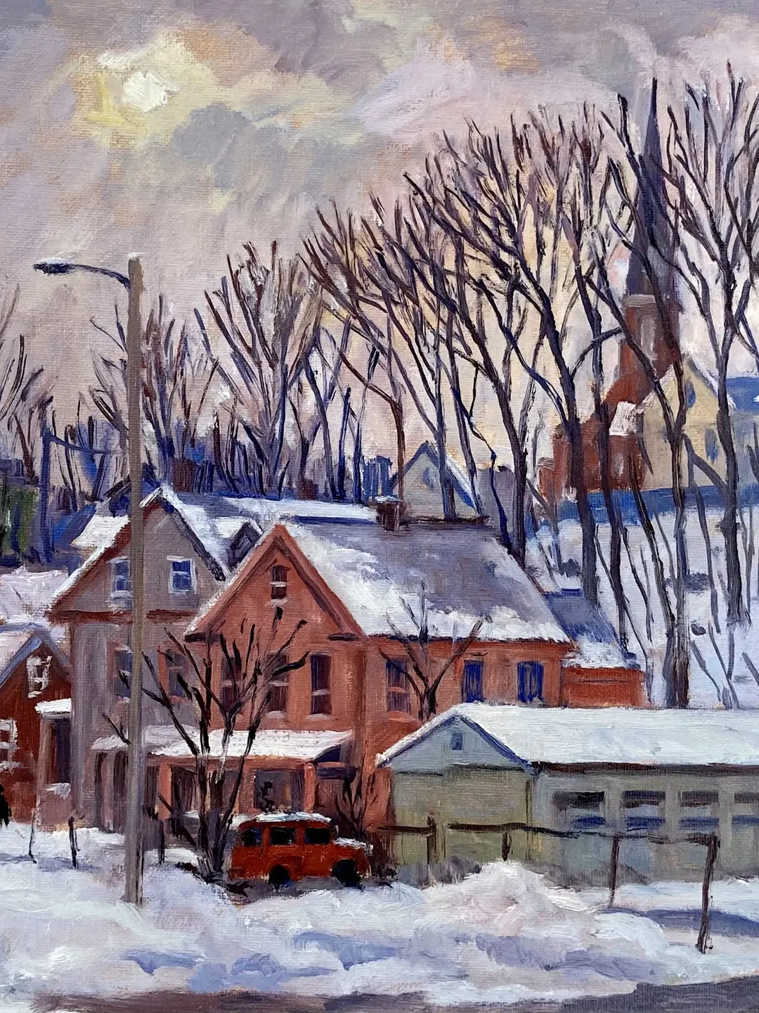 Winter Landscape Painting - Winter Light/North Adams - 14x18 Oil on linen, Impressionist Snow Scene, Signed Original American Fine Art