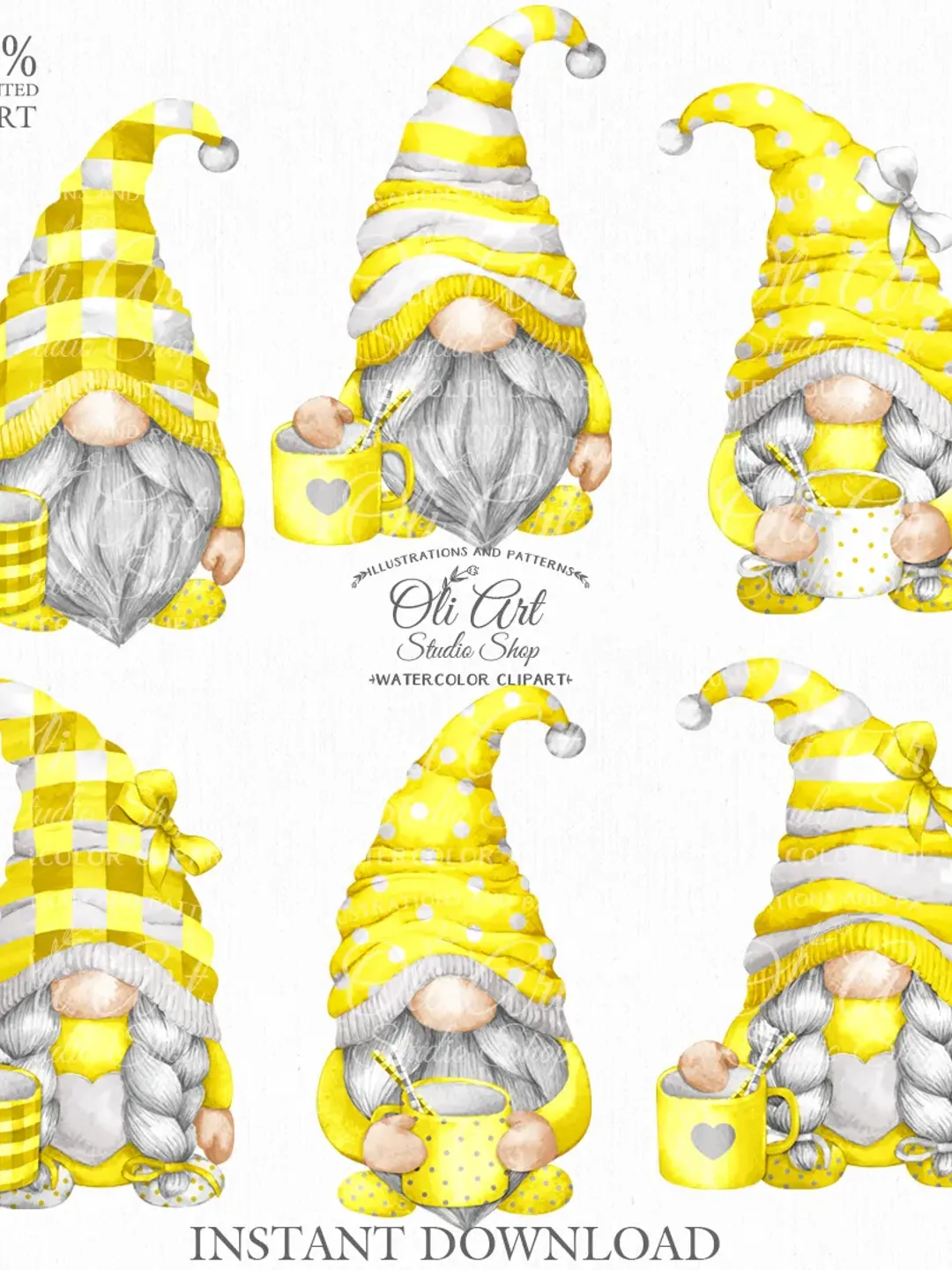 Gnome Clip Art. Cute Characters, Hand Drawn graphics. Digital Download. OliArtStudioShop