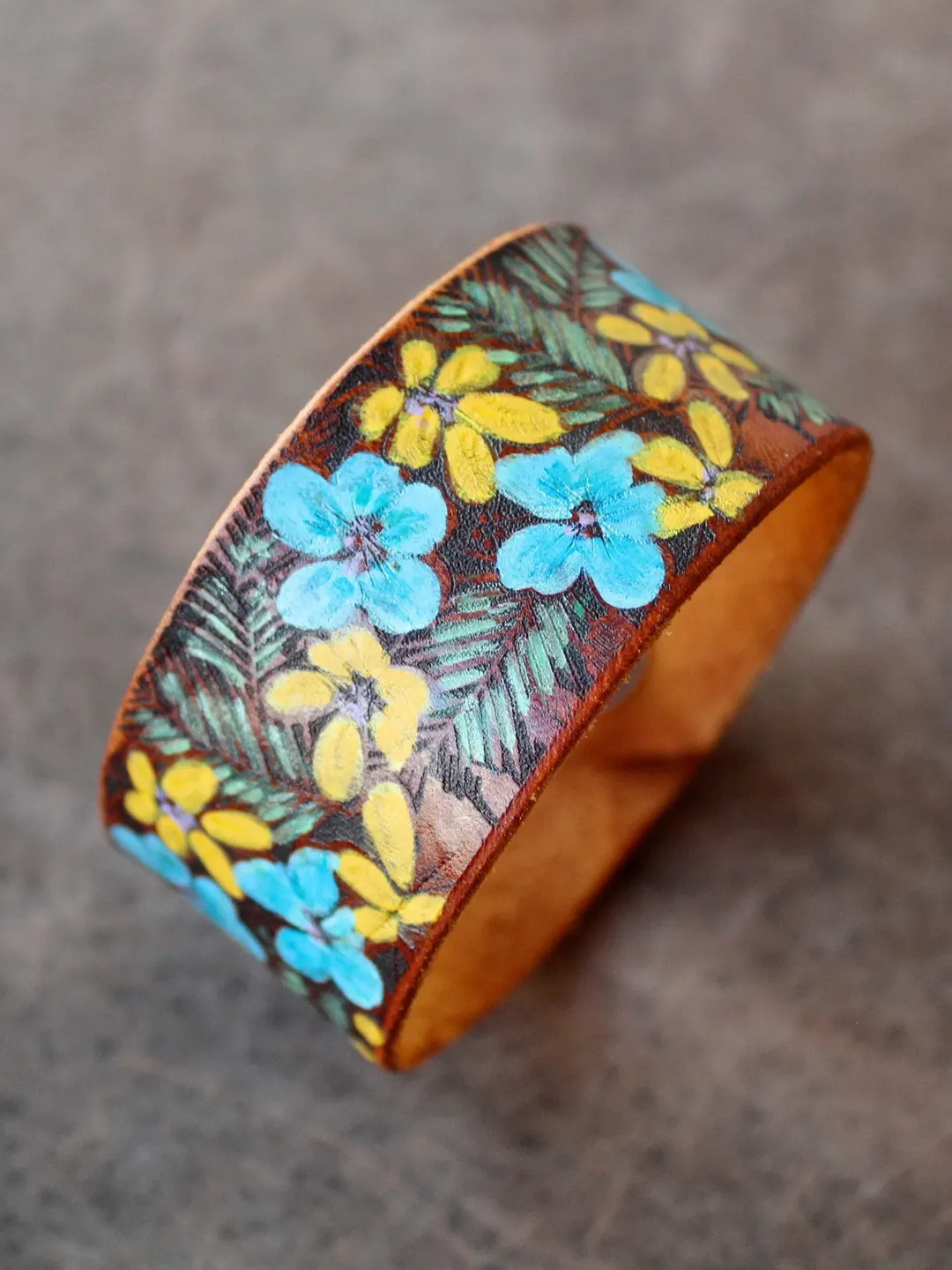 Tropical Bracelet, Hand Painted Leather Wristband, Tropical Floral Bracelet, Waterproof Leather, Summer Bracelet