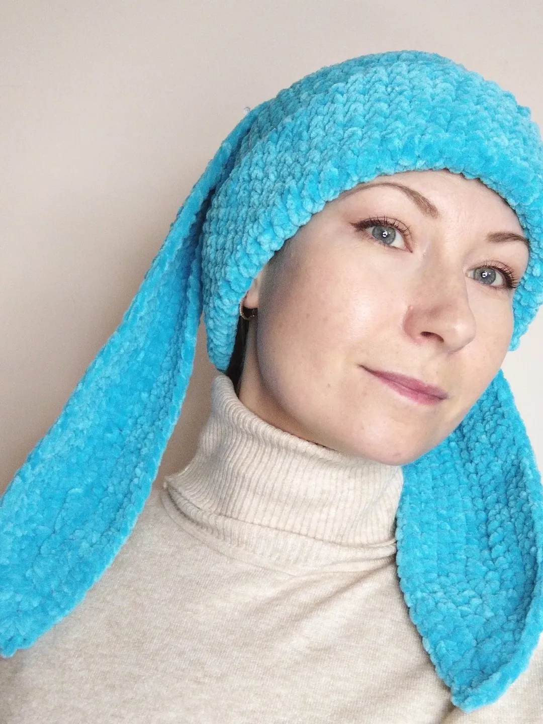 Blue bunny beanie crochet. Fluffy bunny hat adult. Plush bunny beanie hand knit
