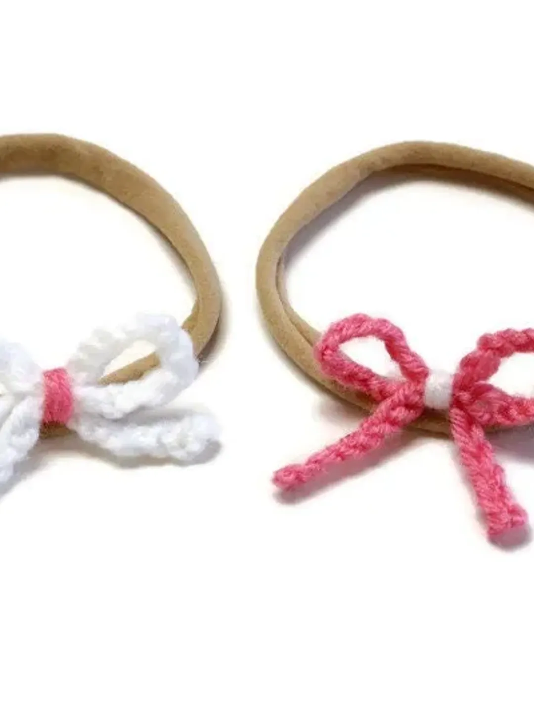Pink and White Tied Crochet Yarn Bows on Nylon Headbands Set, Newborn Photoshoot Prop, Baby Shower Gifts, New Baby Head Wrap, Mini Hair Ties