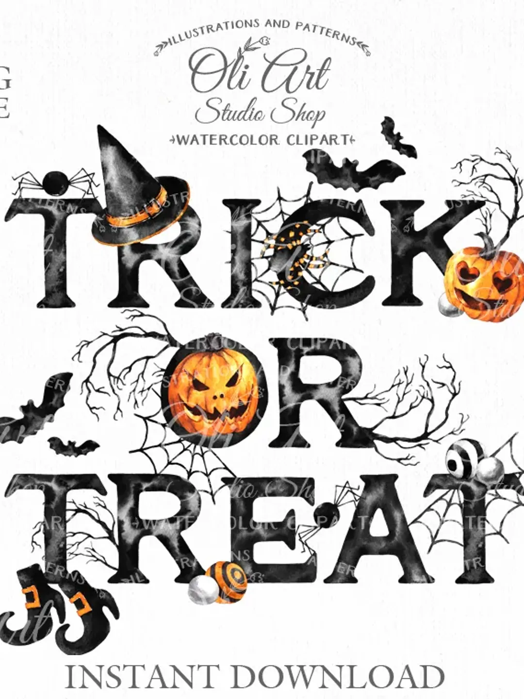 Trick or treat. Happy Halloween clipart. Fall, spider, wreath, pumpkin. Design Digital Download. OliArtStudioShop