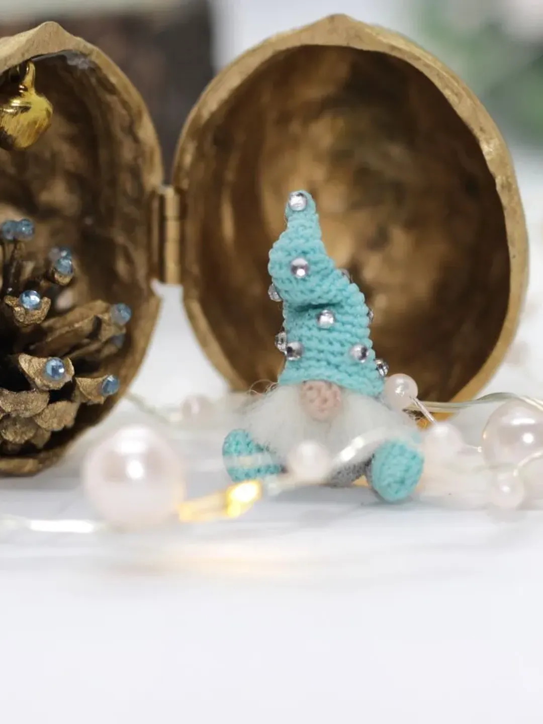 Christmas gnome micro crocheted Toy in a fairy house walnut shell dollhouse miniature funny gift for mom handmade gift