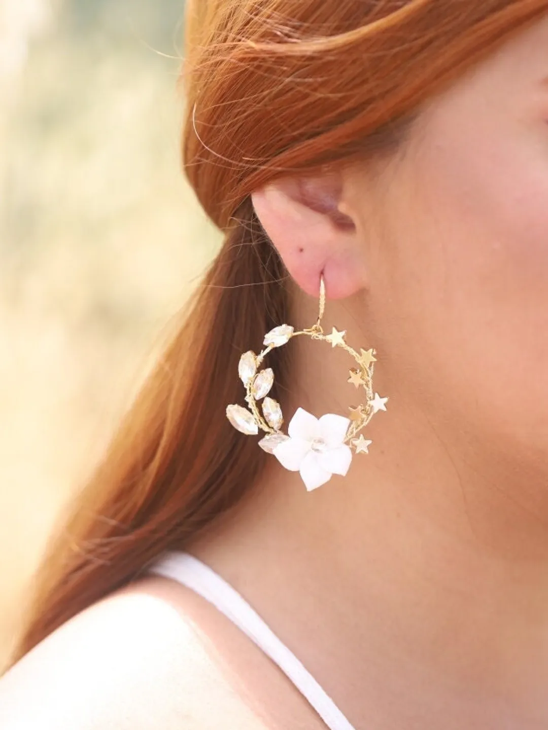 Silver Porcelain Flowers Hoop Boho Wedding Earrings , Statement Crystal Boho Bridal Earrings , Floral Bridal Jewelry, Flower Wedding Jewelry