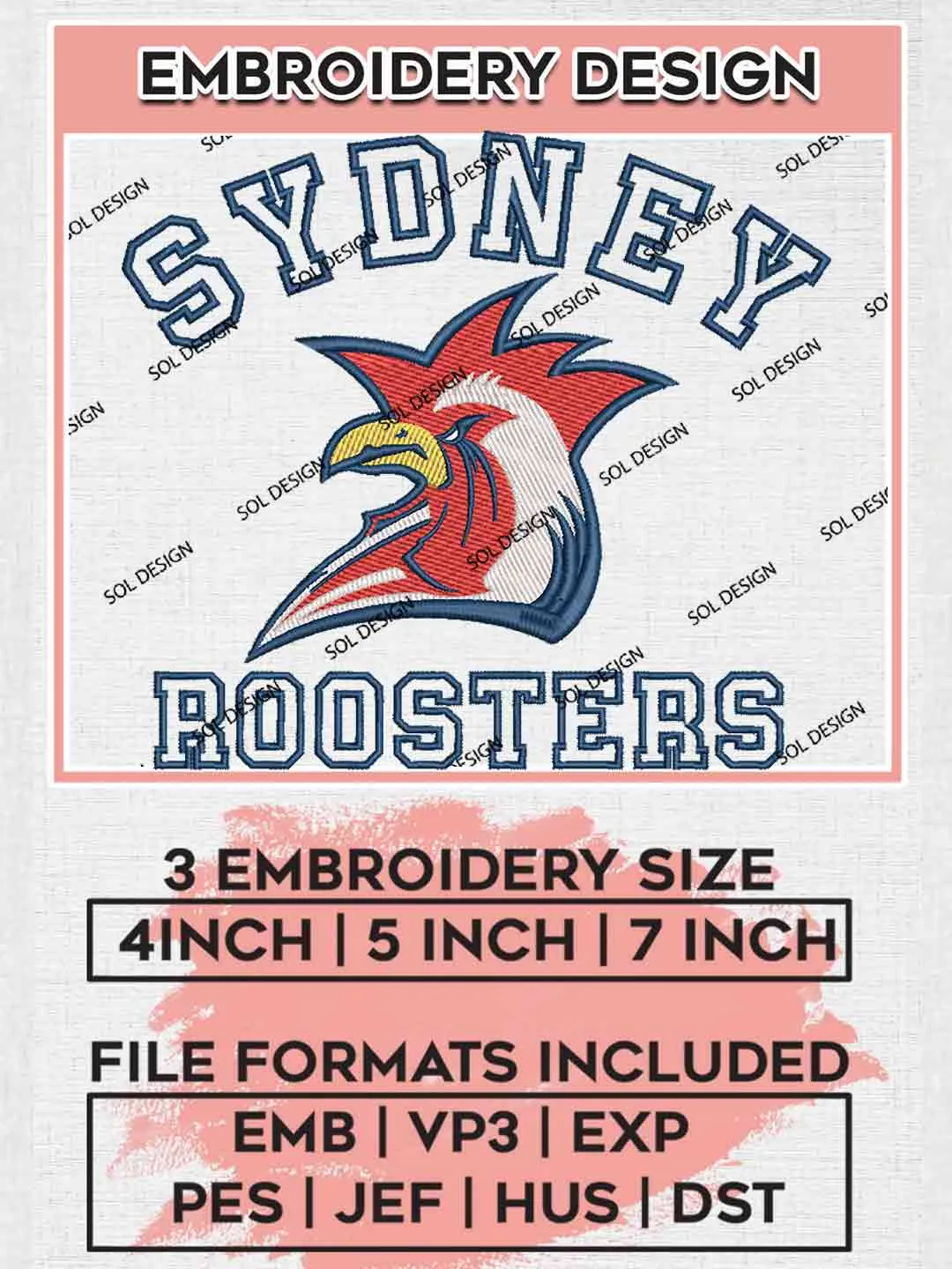 NRL Roosters Embroidery Design, National Rugby League Embroidery Design, Sydney Roosters Logo Embroidery Design, NRL Machine Embroidery Digitized Pes File, 3 Sizes, Instant Download