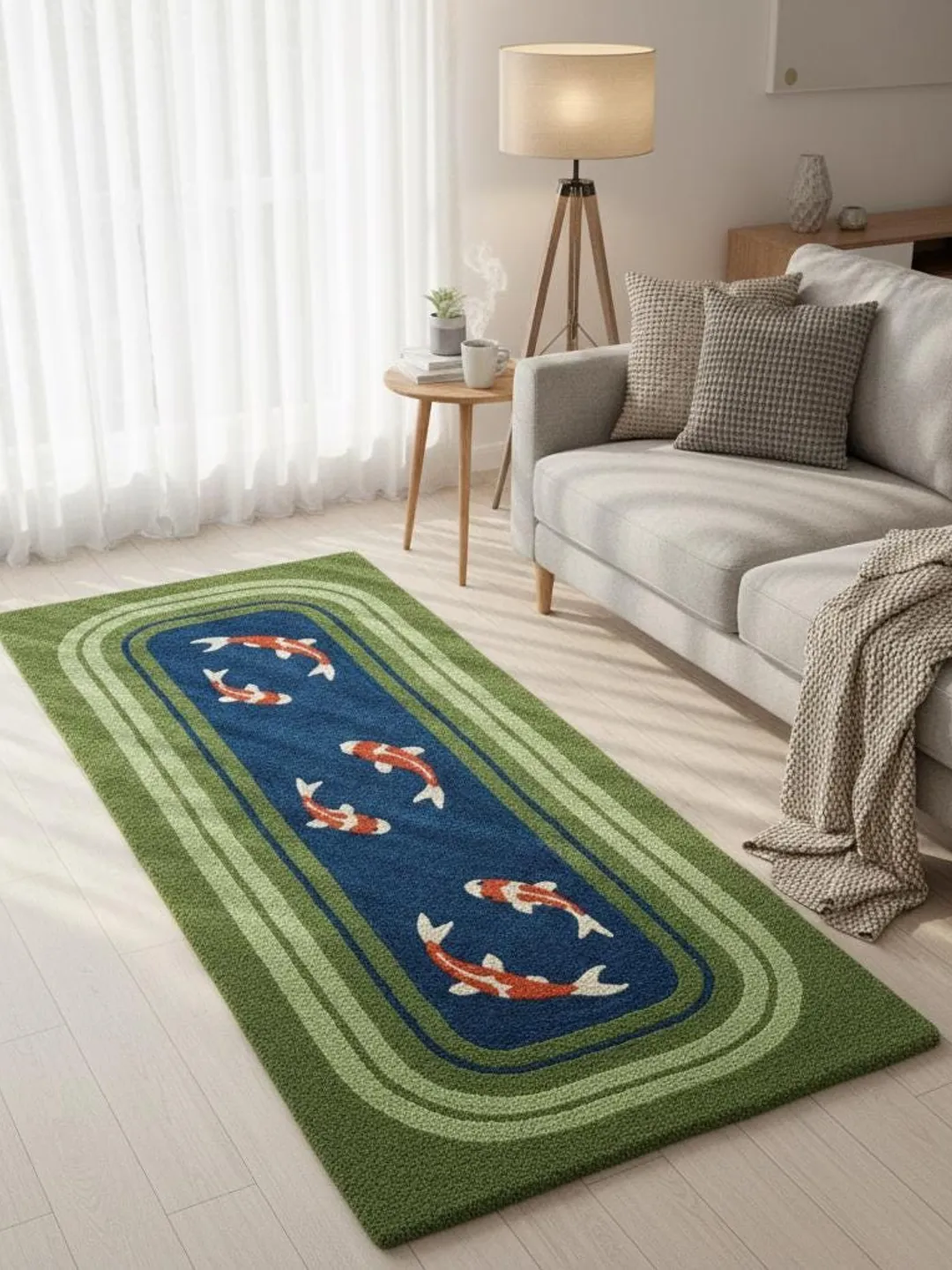 Pond/water Rug Koi Fish Pond Runner Rug Blue Water and Green Border Carpet for Hallway ...