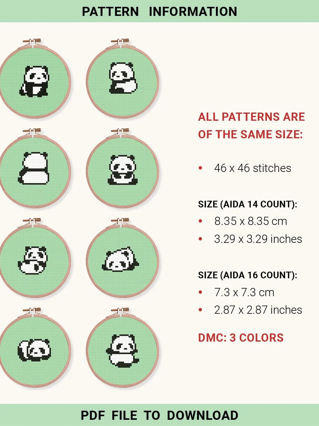 Bundle of 8 mini cute pandas Cross stitch patterns contemporary