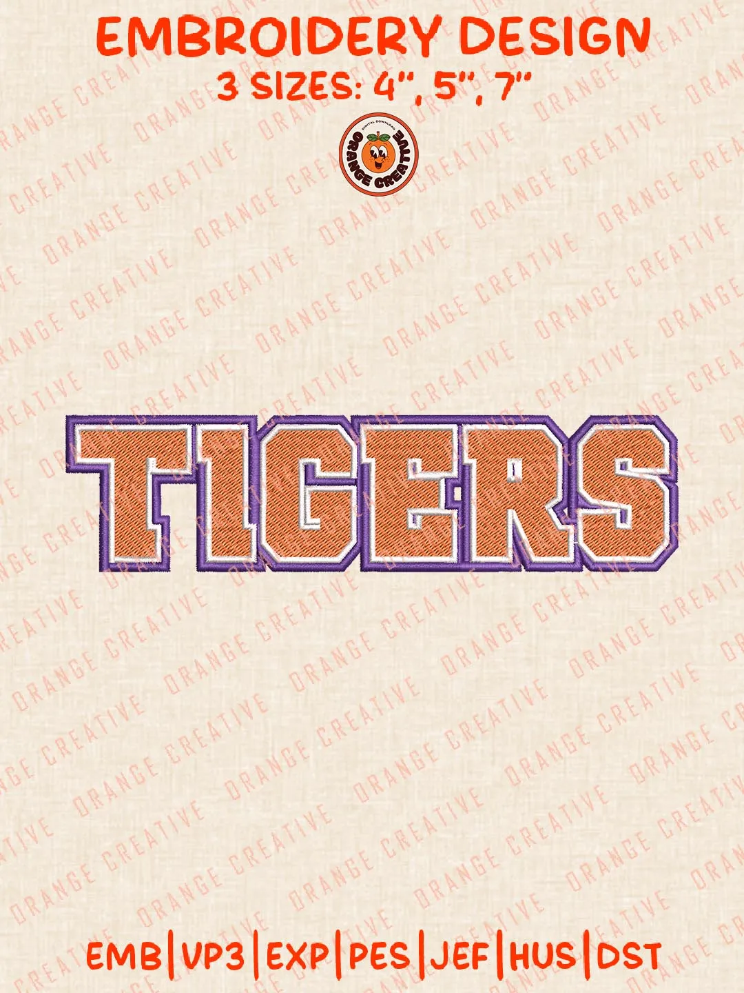 NCAA Tigers Text Embroidery Design, NCAA Clemson Tigers Team Logo Embroidery Design, Machine Embroidery Design File, 4 Sizes, Custom Size, Digital Download
