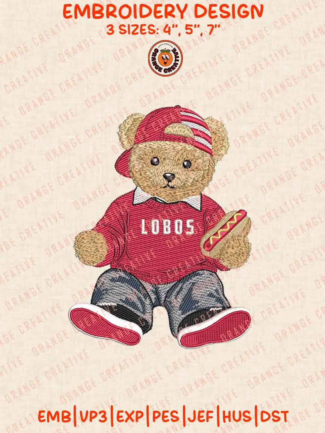New Mexico Lobos Teddy Bear Logo Embroidery Design, NCAA New Mexico Lobos Team Machine Embroidery Digitized Pes File, 4 Sizes, Custom Size, Instant Download