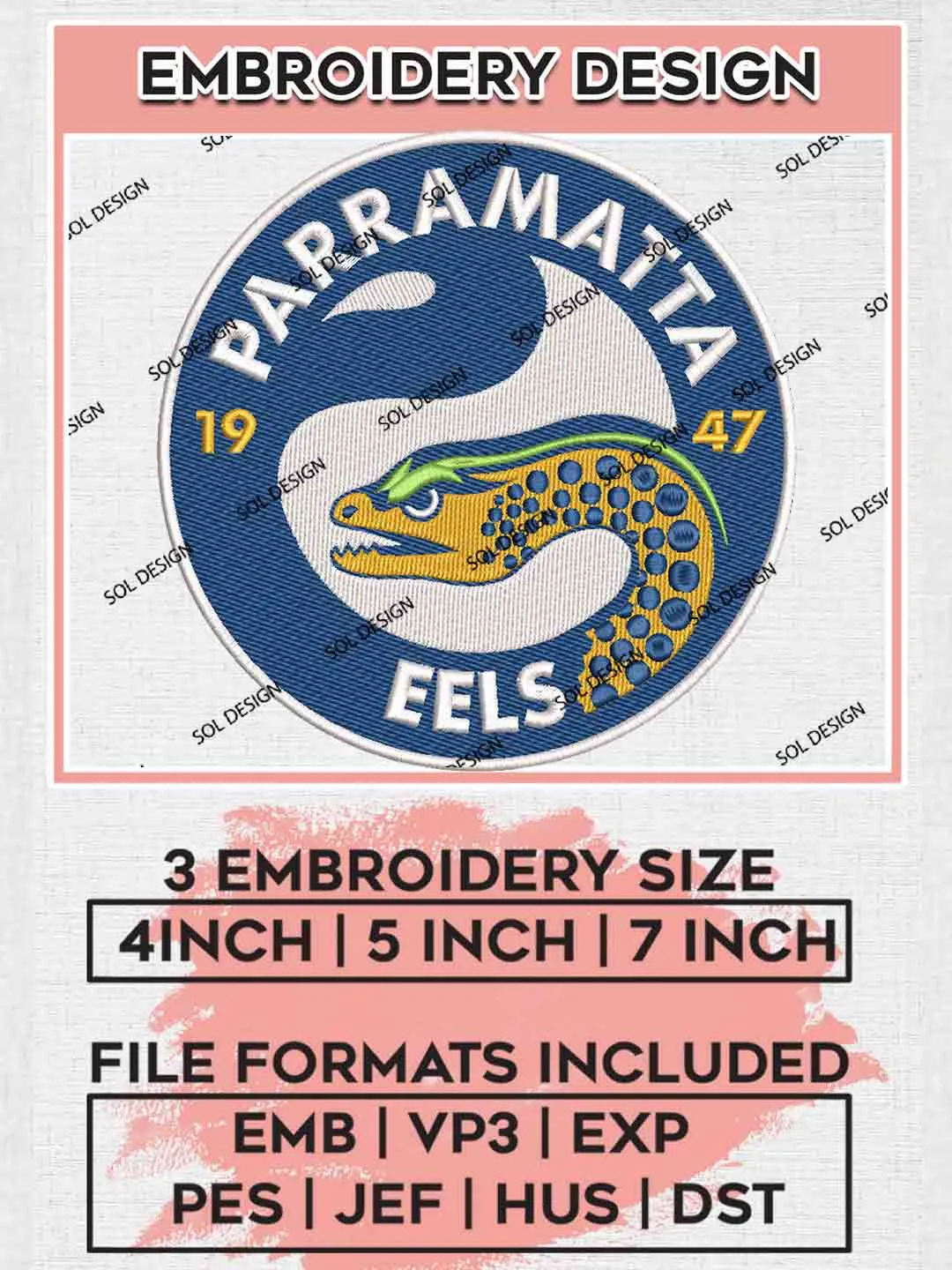 NRL Parramatta Eels Embroidery Design, National Rugby League Embroidery Design, Parramatta Eels Logo Embroidery Design, NRL Machine Embroidery Digitized Pes File, 3 Sizes, Instant Download