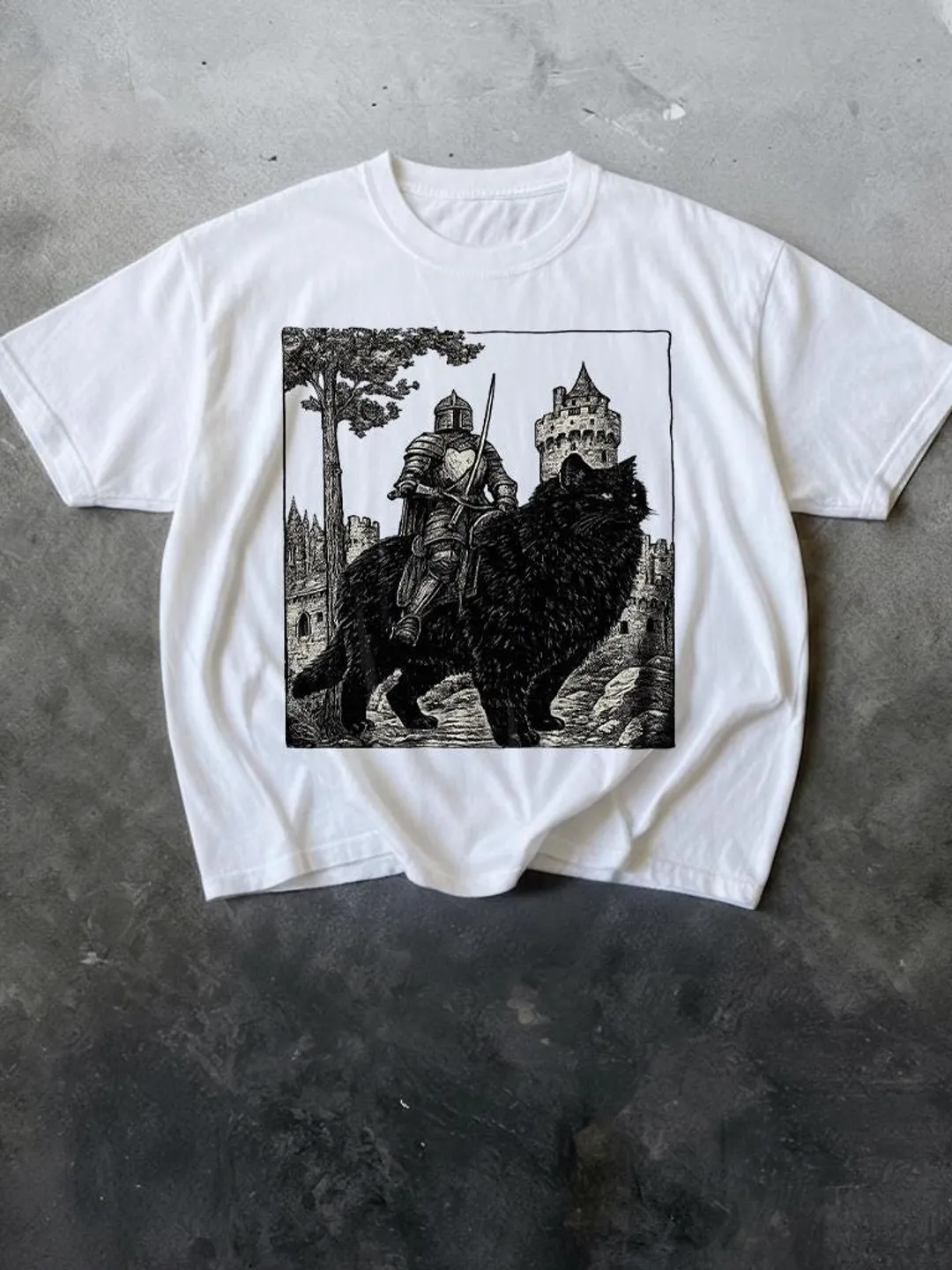 Knight Riding Black Cat Medieval Shirt, Grimdark Fantasy Art Tee