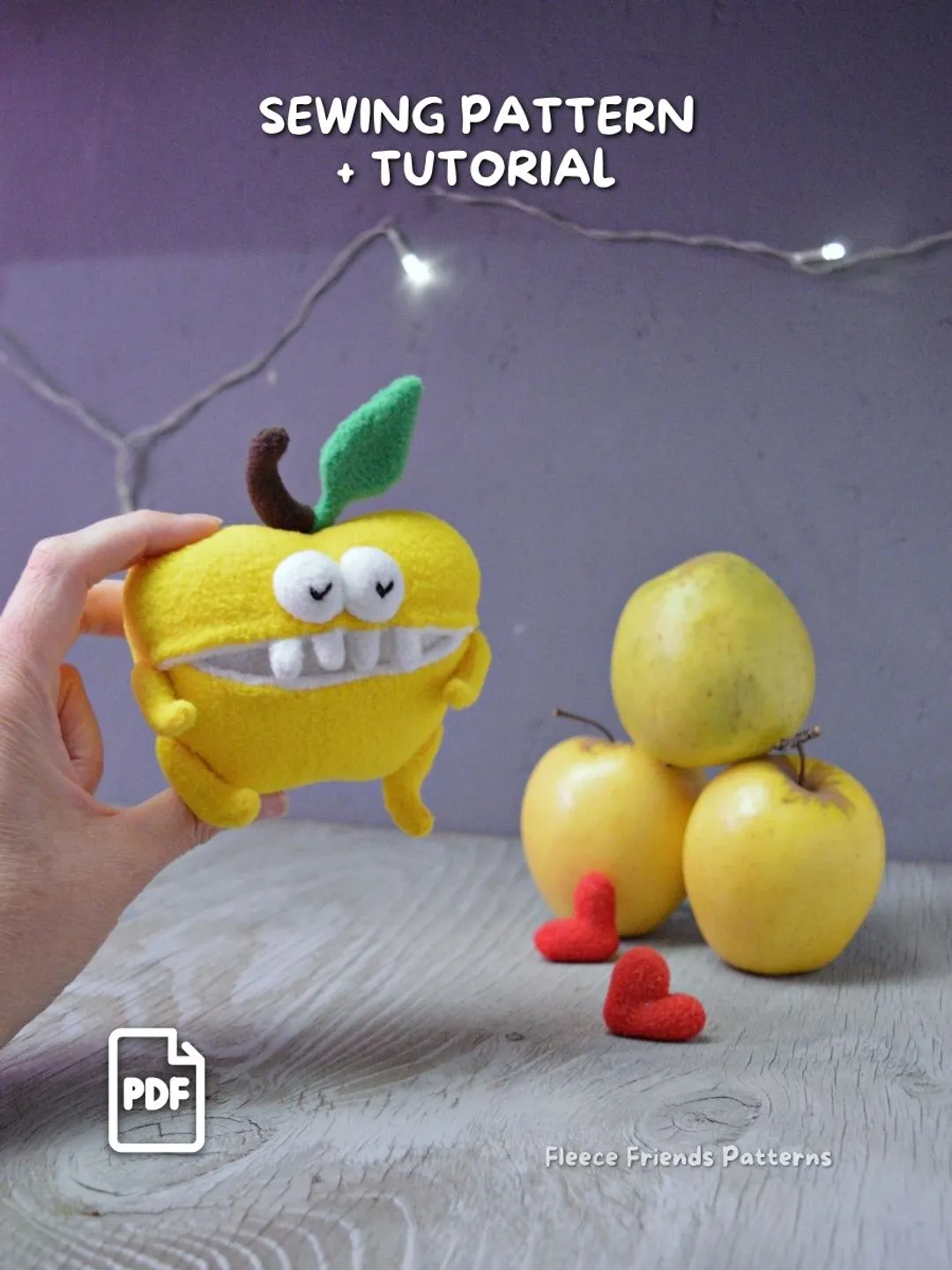 Apple Fruit Monster Plush Sewing Pattern PDF with Secret Mouth Pocket