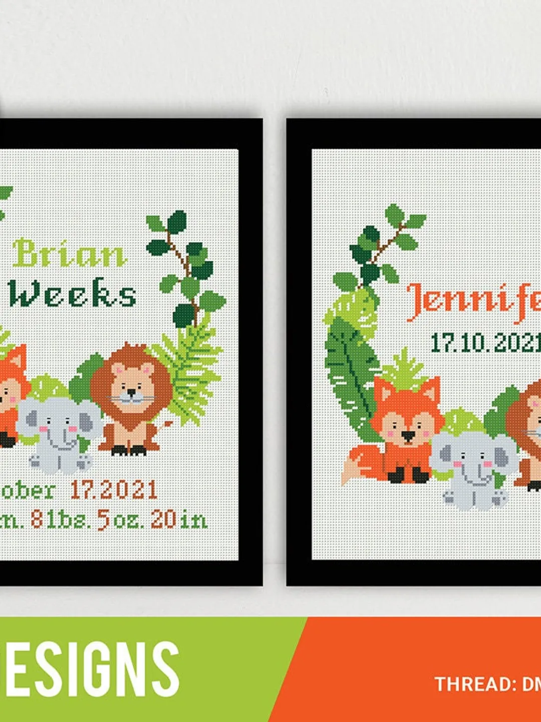 Zoo Animals Birth announcement cross stitch pattern, baby, personalized, Fox Lion, boy girl nursery decor, gift DIY, embroidery, instant PDF