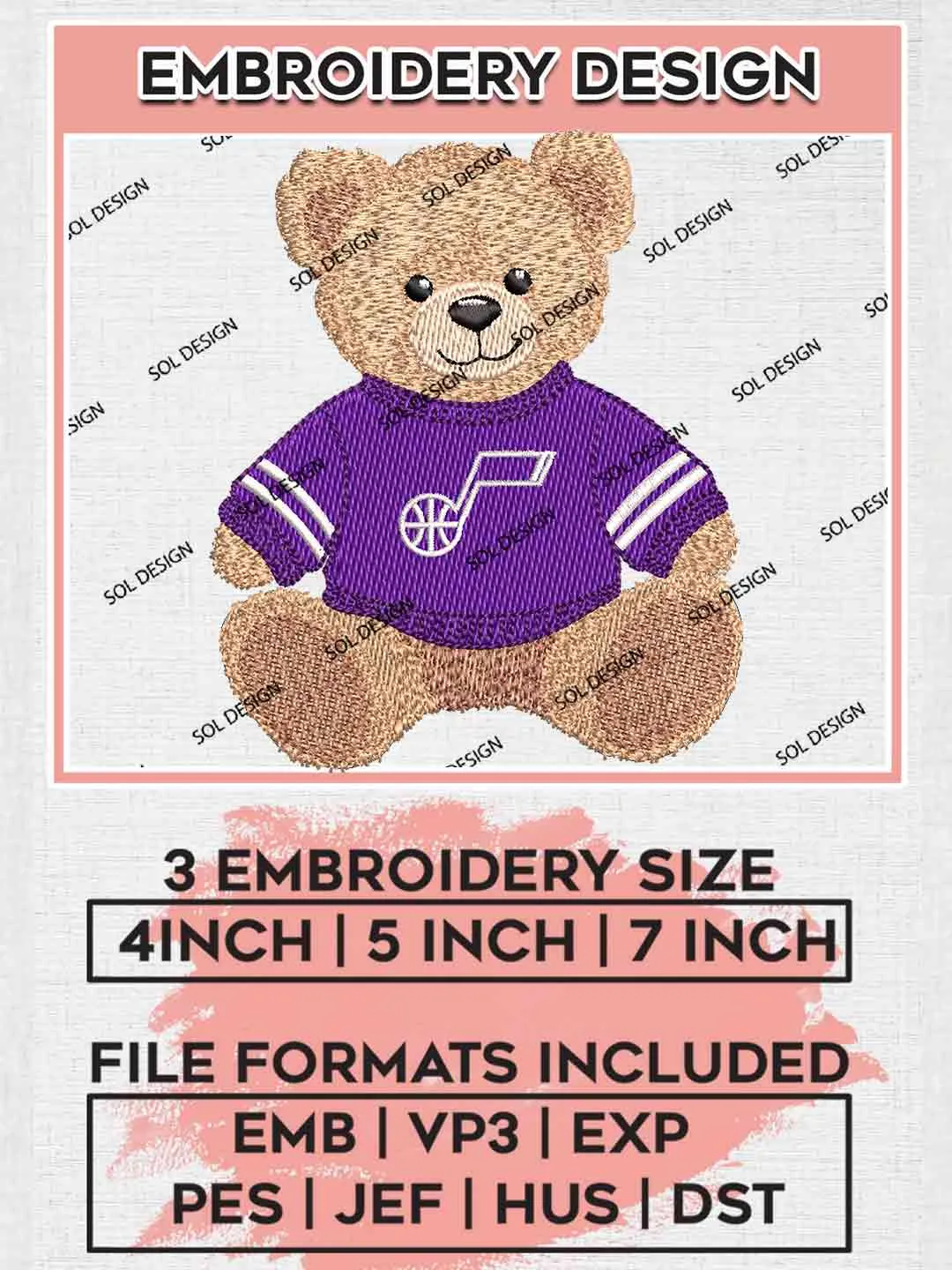 NBA Utah Jazz Teddy Bear Embroidery Designs, Vintage Sports Bear Basketball Embroidery Design Files, NBA Jazz Team, Cute Teddy Bear Embroidery, NBA Utah Jazz Embroidery, Digital Download