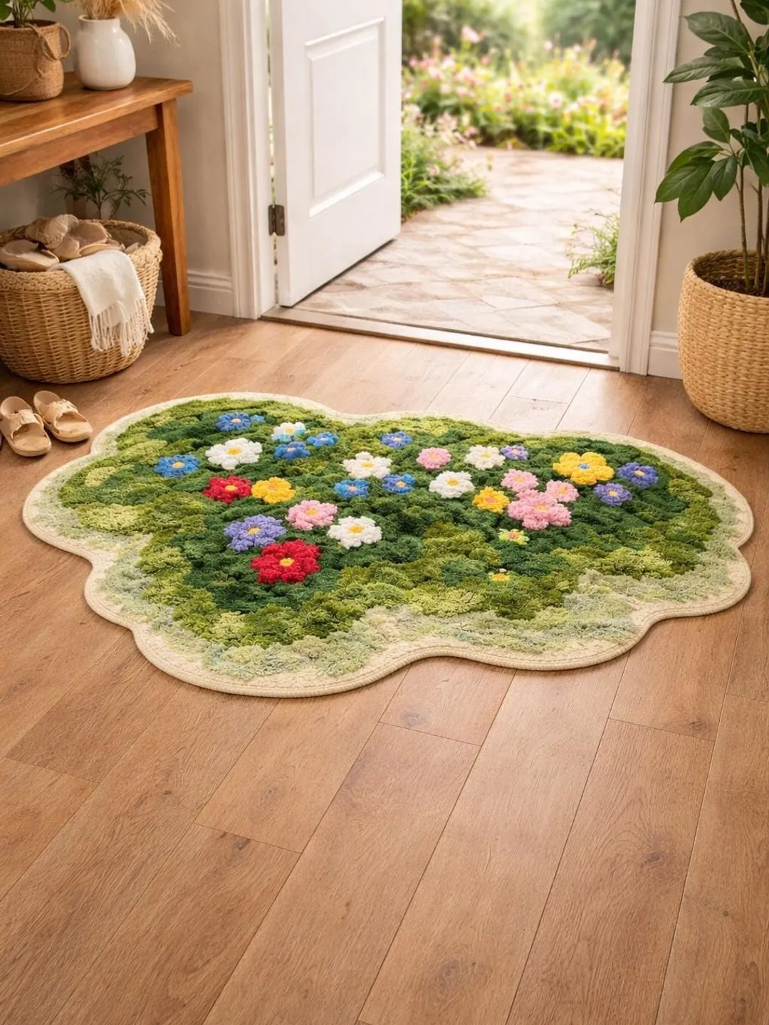 Moss Garden Floral Door Rug with 3D Flowers, Organic Shape