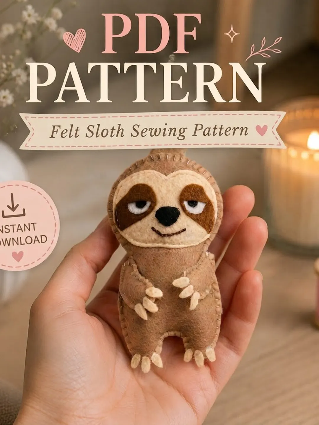 Beginner Felt Sloth Sewing Pattern, Stuffed Animal Toy Tutorial (PDF Download)