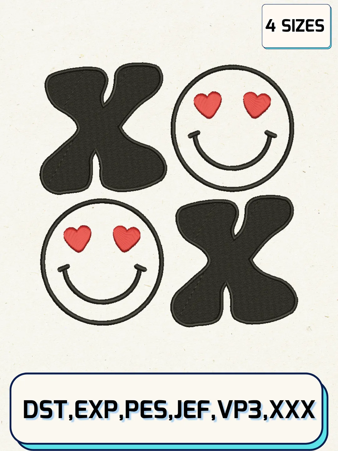 Xoxo Heart Eyes Smiley Face Embroidery Design Files, Valentine Logos Embroidery Designs, Machine Embroidery Files, 4 Sizes