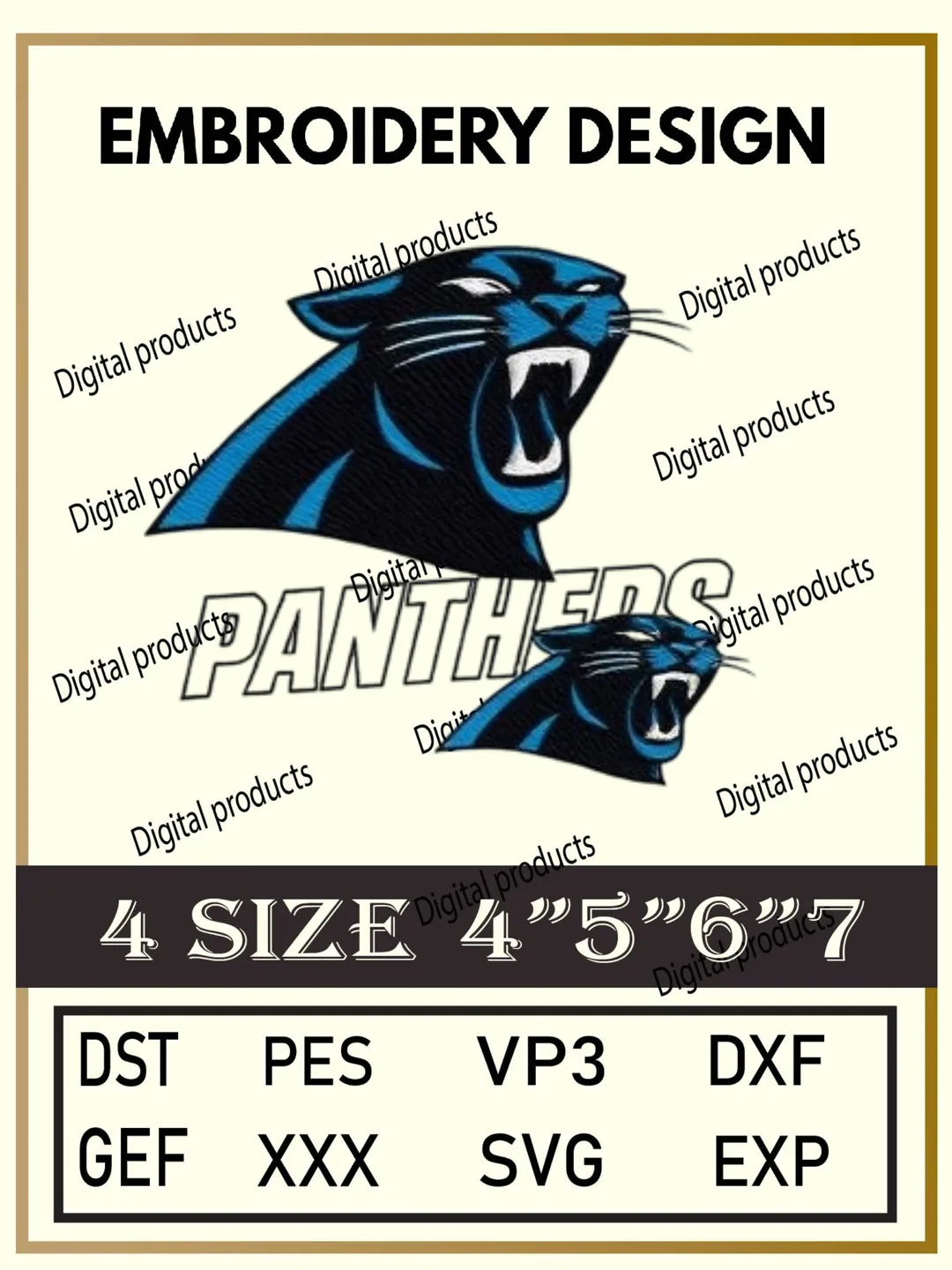 Carolina Panthers Embroidery Design Digital Logo Pattern with Stylized Panther Heads and Bold Panthers Text for Machine Embroidery Projects in Four Sizes with Multiple Compatible Formats Including DST, PES, VP3, DXF, GEF, XXX, SVG, EXP Download