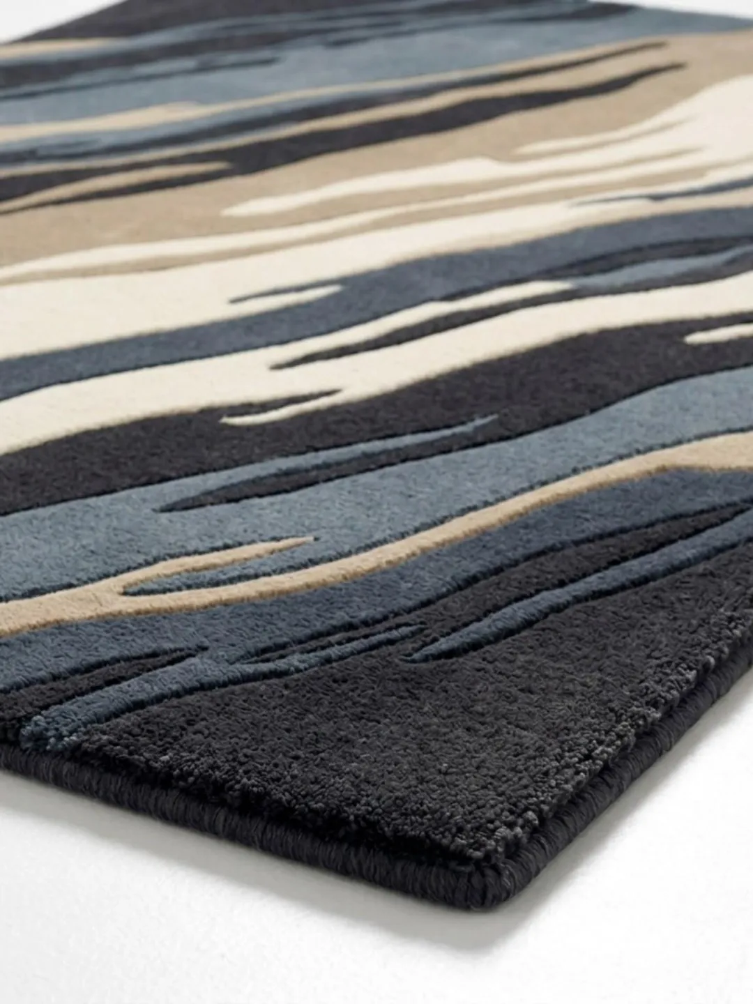 Modern Abstract Wave Hand Tufted Wool Rug – Blue Beige Contemporary Area Rug