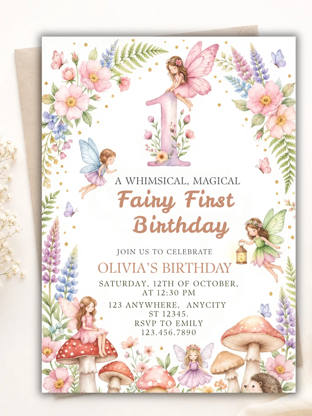 Fairy First Birthday Invitation – Enchanted Woodland Mushroom Printable Invite