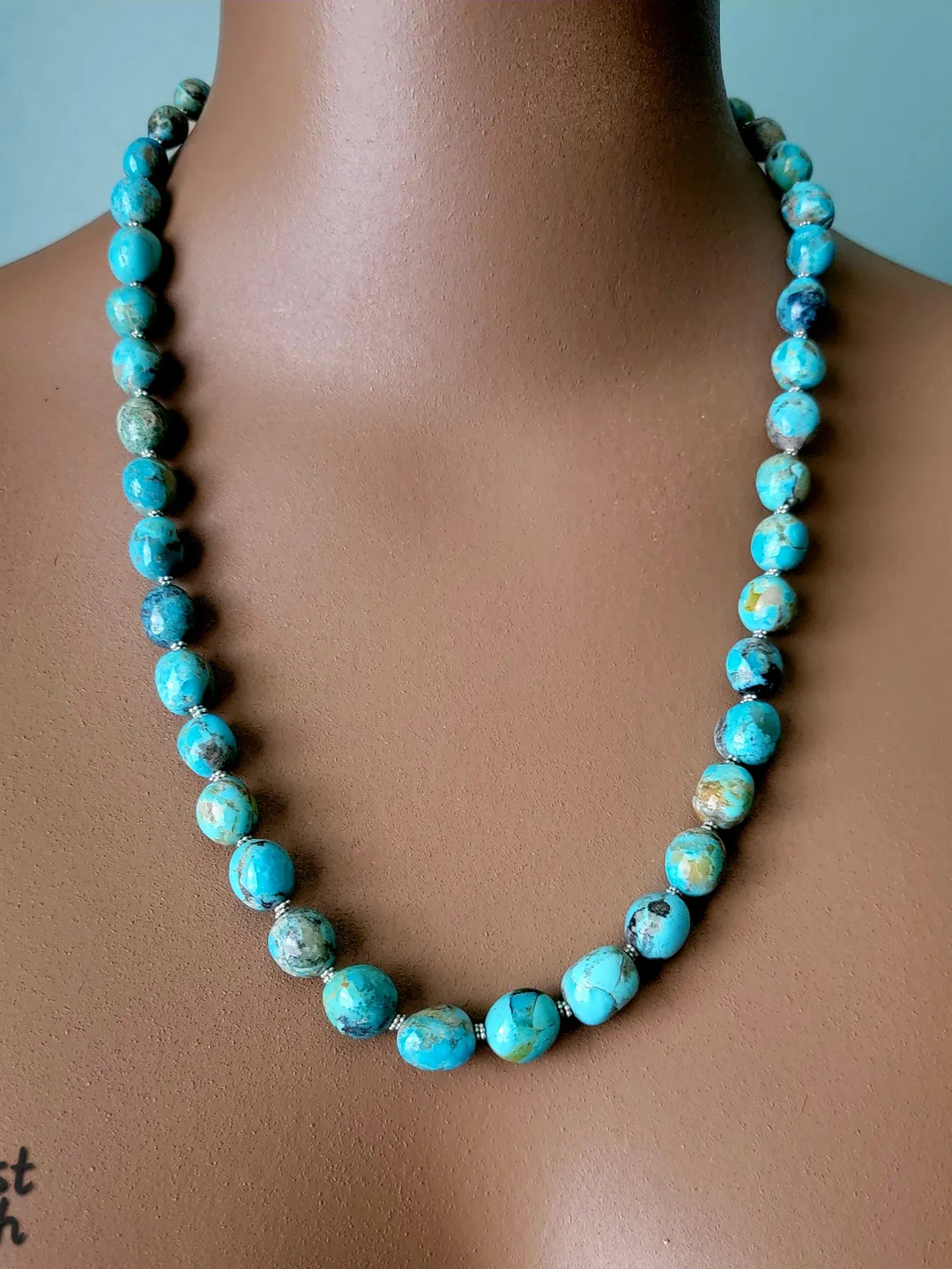 Turquoise Everyday Beaded Necklace Handmade Kingman Arizona Stone, Adjustable Length, Blue Green Fashion Statement Blue December Birthstone