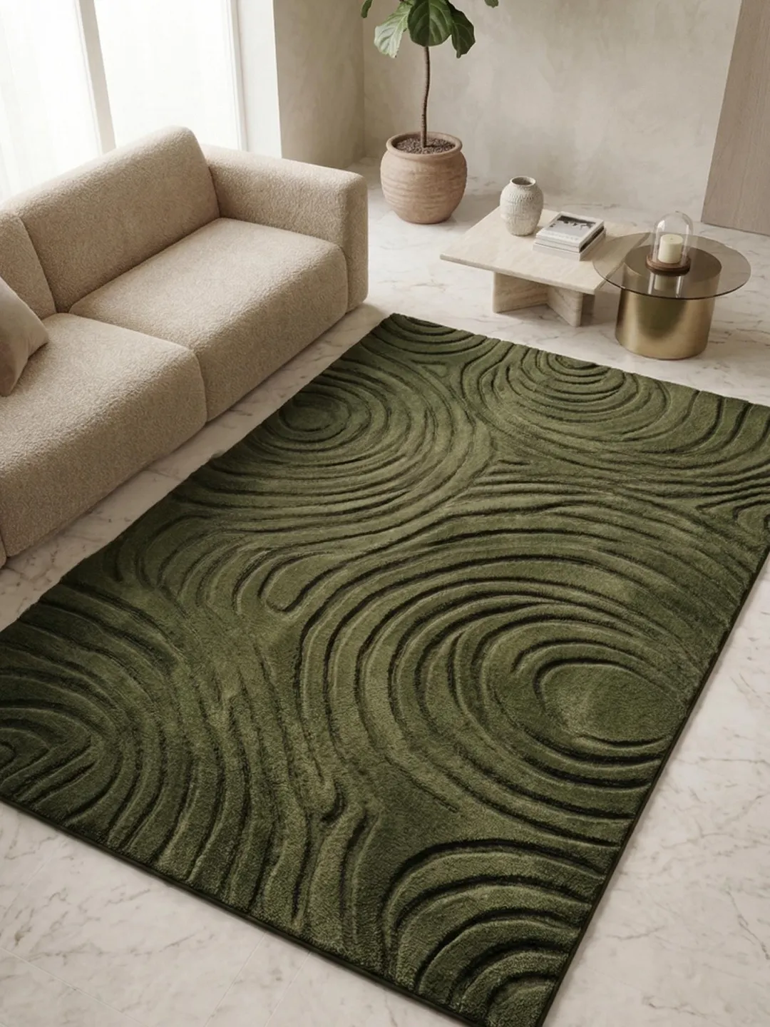 Moss Green Wool Rug | Hand Tufted Abstract Swirl Plush Area Rug