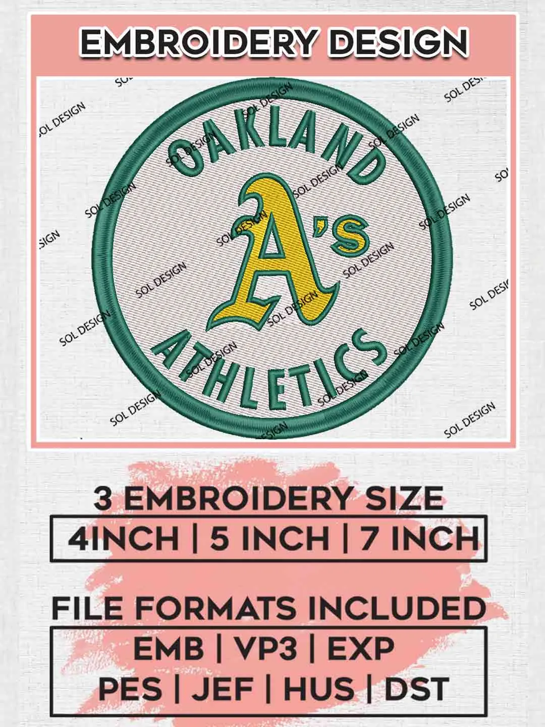 MLB Oakland Athletics Round Logo Embroidery Files, MLB Athletics Team Embroidery, MLB Teams, 3 sizes, MLB Oakland Athletics Baseball Machine embroidery designs, Digital Download