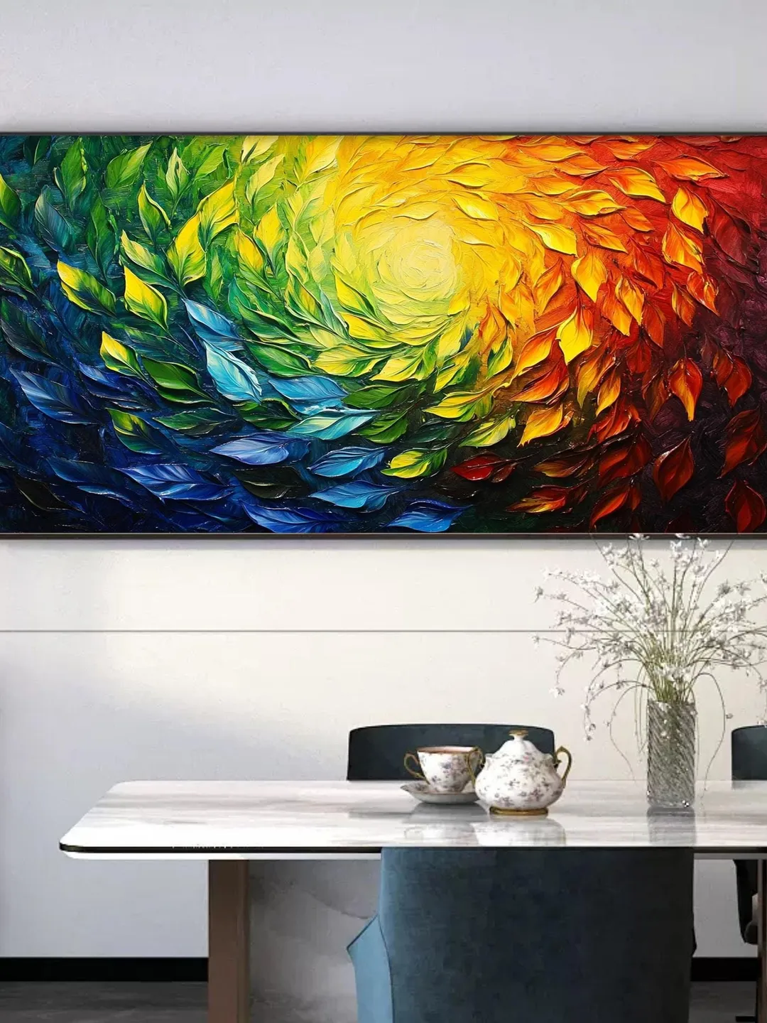 Abstract Rainbow Leaves Painting, Textured Impasto Art, Colorful Wall Art, 3D Canvas Art, Modern Art, Large Wall Decor, Living Room Decor