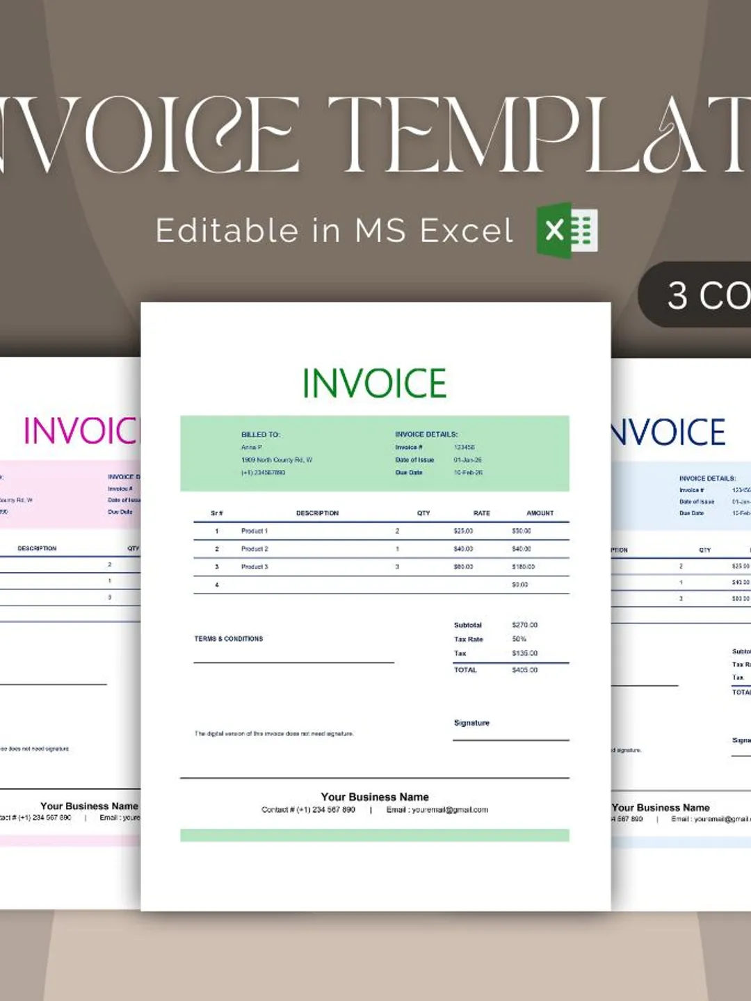 Editable Invoice Template Excel, Simple Invoice for Small Business ...