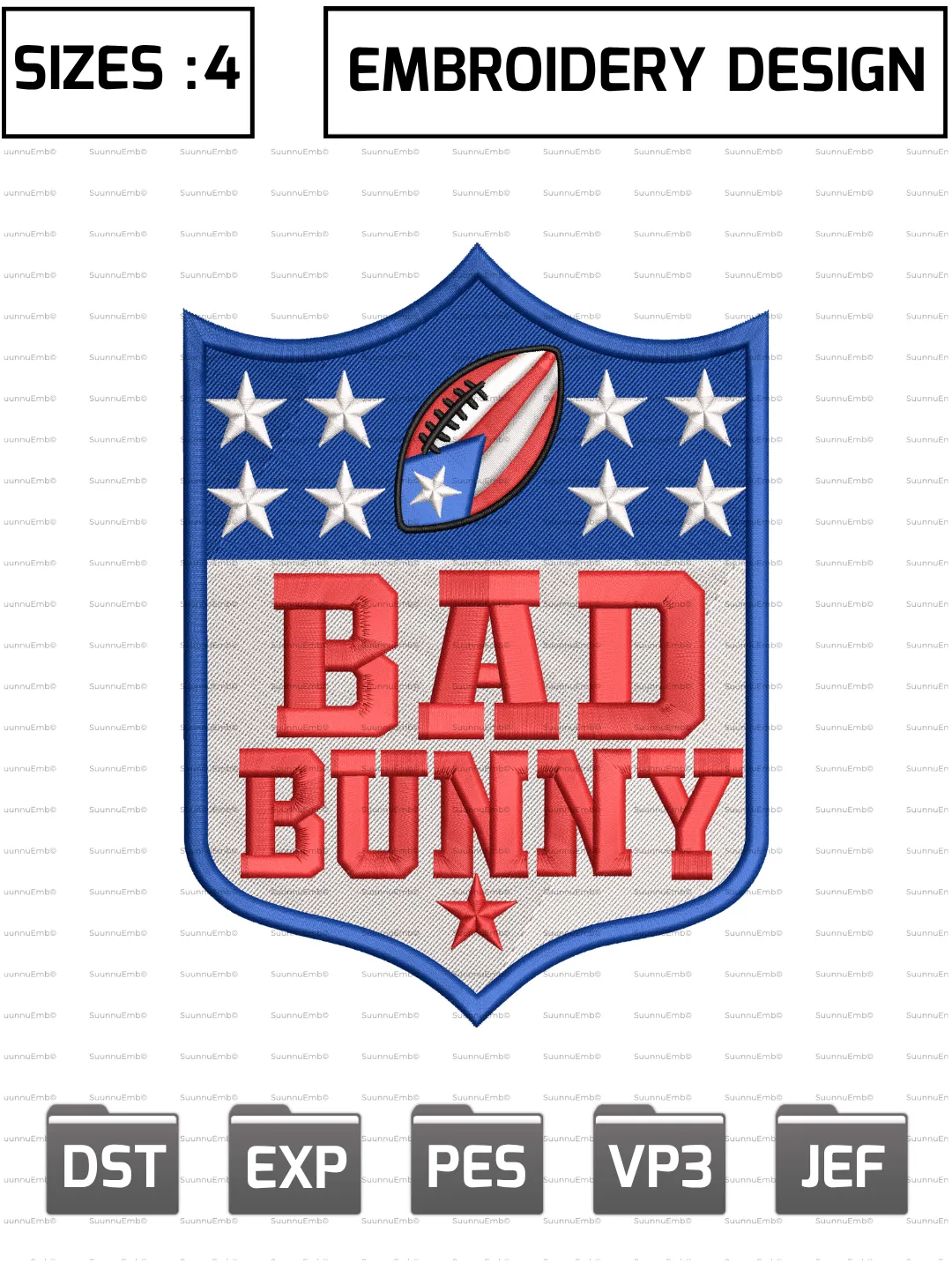 Bad Bunny Super Bowl Football Logo Embroidery Design,NFL Logos Embroidery Design,NFL Teams, Machine Embroidery Design File,4 Sizes, Digital Download