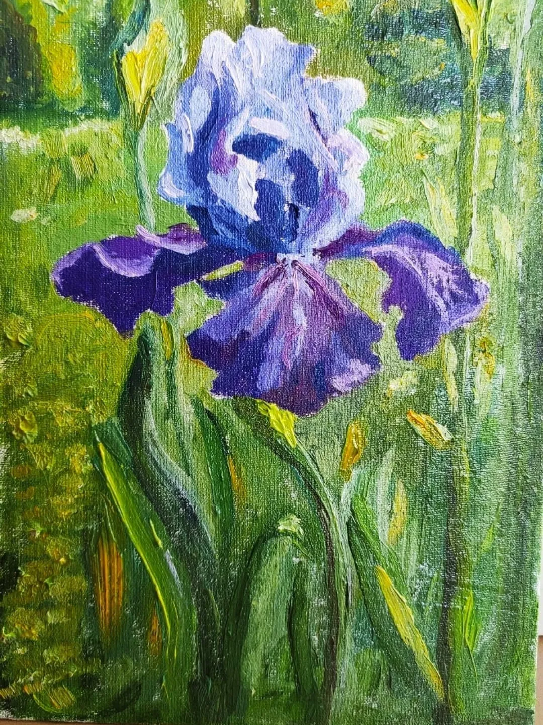 Iris in the garden flowers miniature oil painting realism