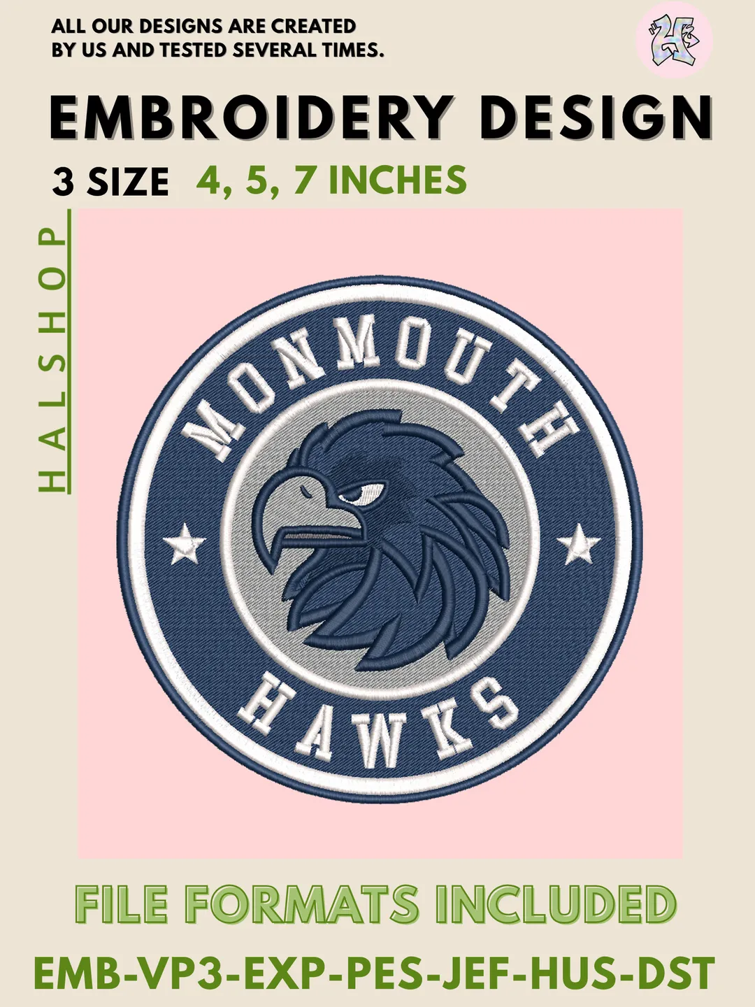 NCAA Monmouth Hawks Logo Embroidery Design, College Team Machine Embroidery Files, Digital Download