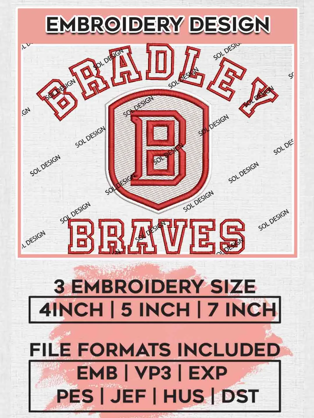 Bradley Braves Logo Embroidery Designs, NCAA Logo Embroidery files, NCAA Bradley Team, Machine embroidery designs, Instant Download
