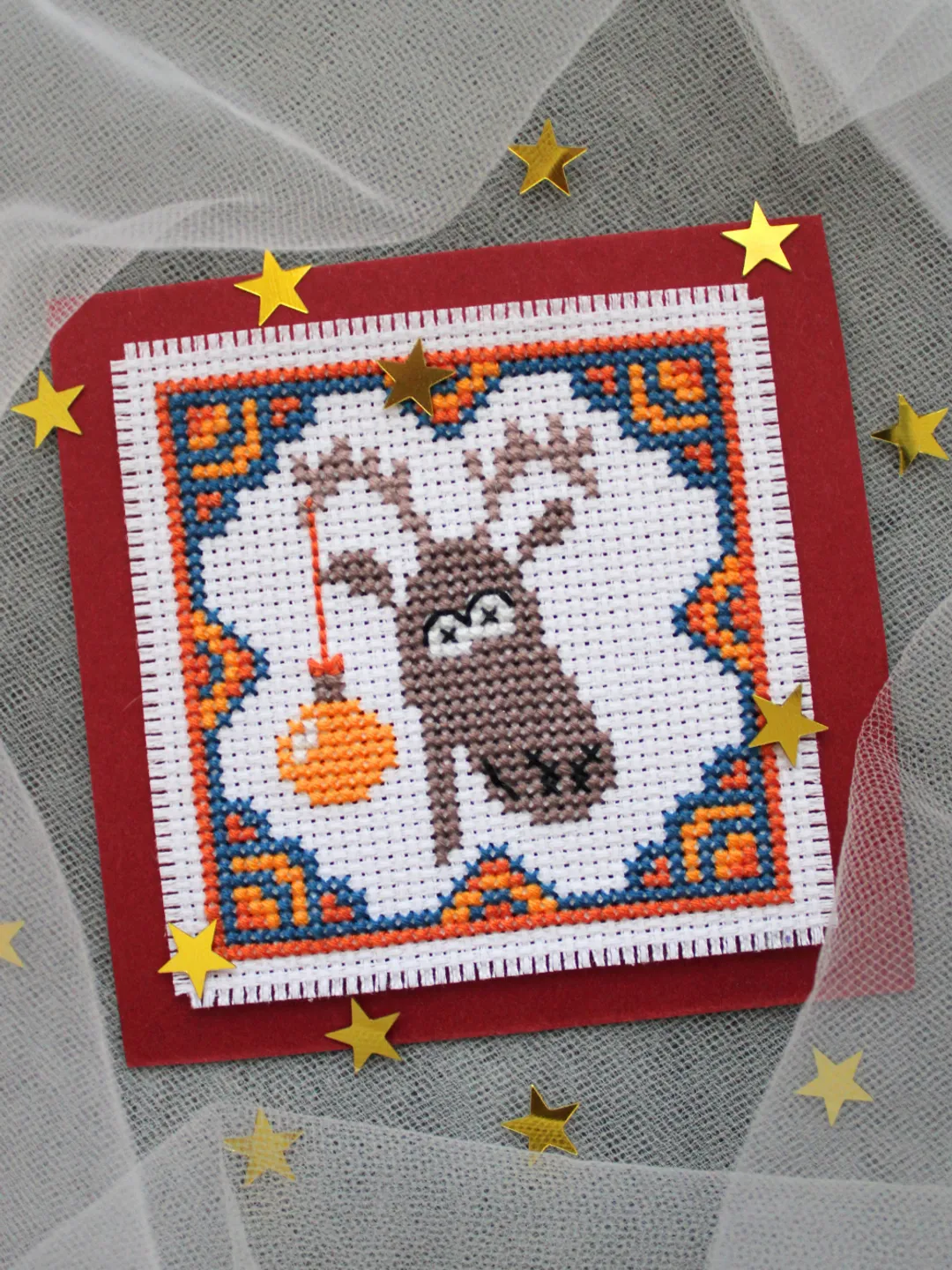 Cross stitch pattern Christmas deer, easy PDF chart for beginners, Xmas card idea