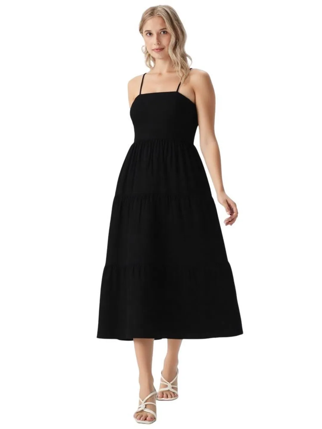 black cotton spaghetti strap dress SAVANNA Maxi Cotton Sundress with Thin Straps