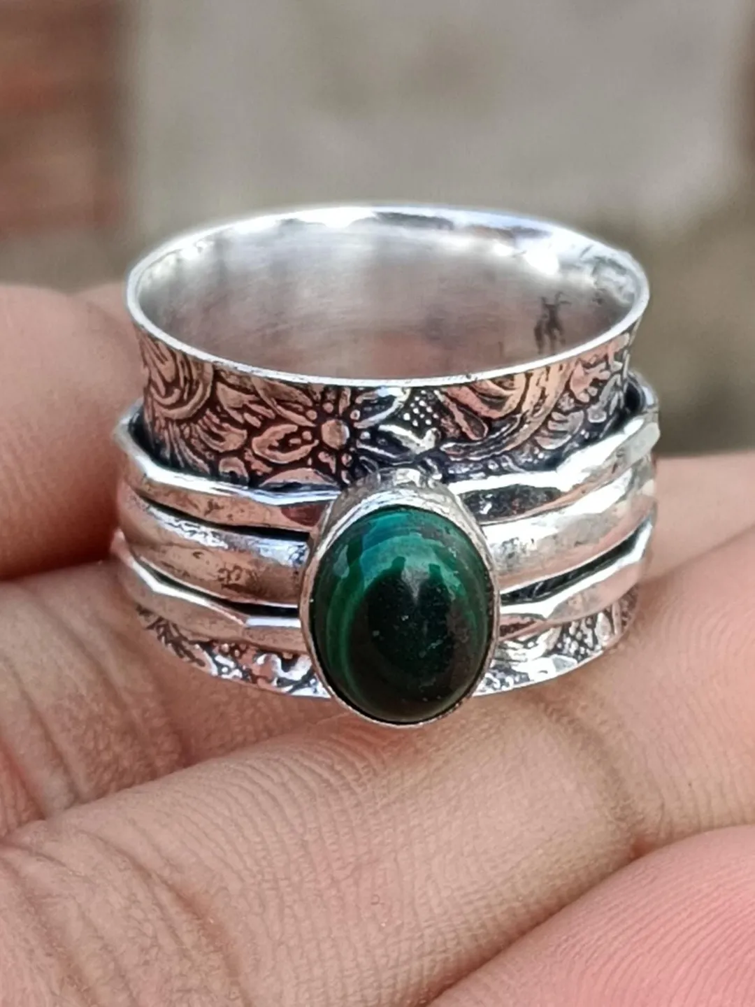 Malachite Gemstone Spinner Ring, Handmade Ring, 925 Sterling Silver Ring, Partywear Gifts Ring, Birthday Gifts Ring,  Anniversary Gift Ring,