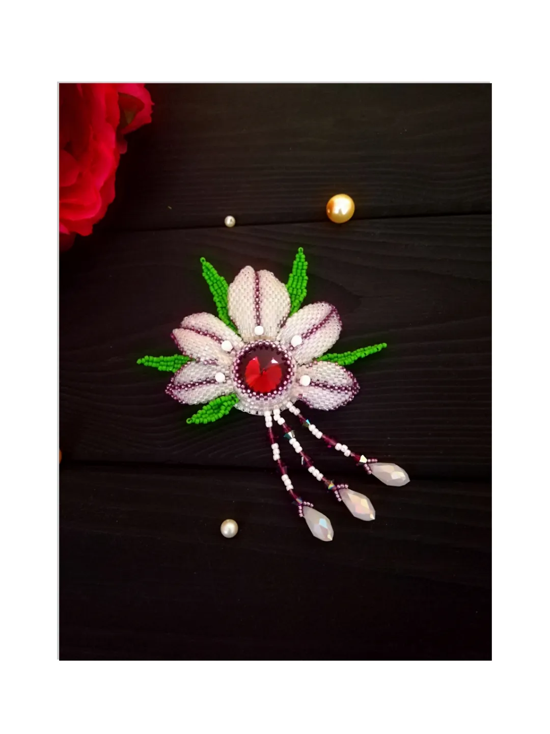 White Beaded Flower , Beaded Brooch