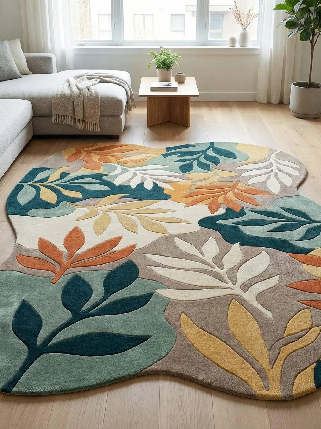Hand Tufted Wool Area Rug Organic Modern Botanical Leaf Design Green ...