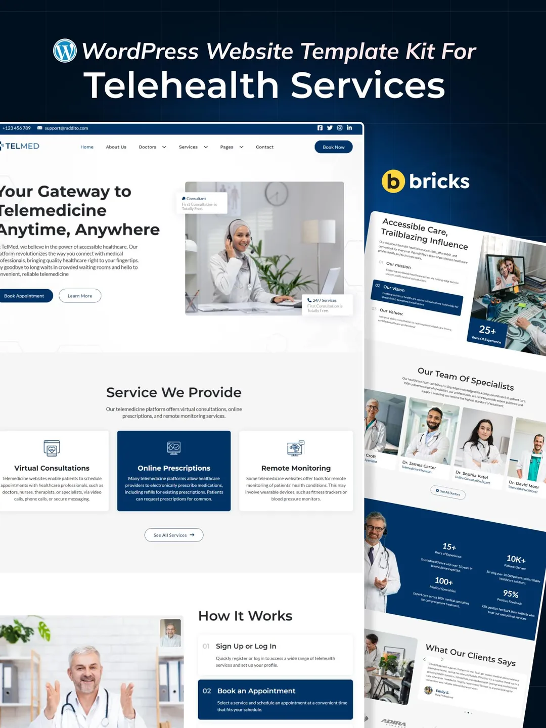 Telehealth WordPress Bricks Builder Template Kit | Telemedicine, Online Doctor & Virtual Care Website Template