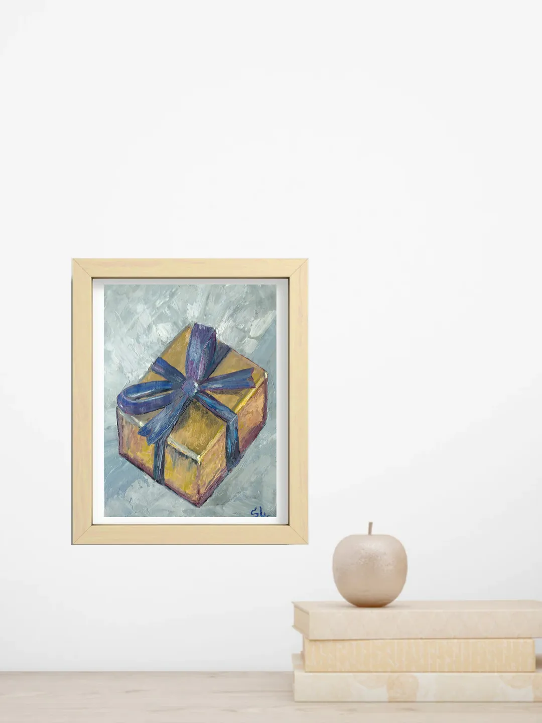 Oil Painting Holiday Gift Box with Blue Bow Original Art Cardboard 10x7 Inch