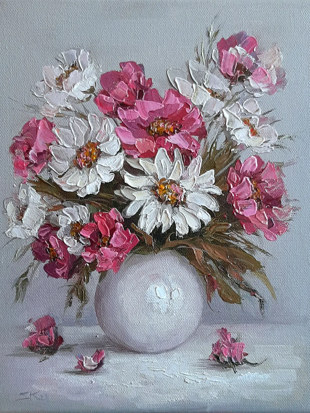 Roses oil painting / Pink flowers on blue art